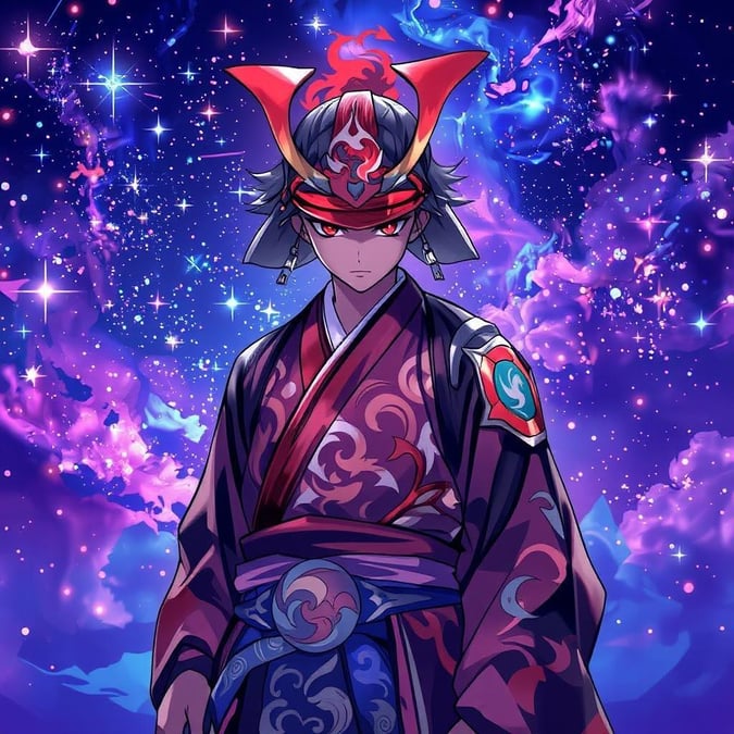 Immerse yourself in the captivating world of anime with this stunning wallpaper featuring a young samurai standing tall against a starry night sky. The vibrant, colorful scene is filled with stars, creating an anime-like atmosphere. The samurai is positioned in the center, its body adorned with intricate patterns and a striking red and white head. The background, a deep blue canvas, adds depth to the composition.