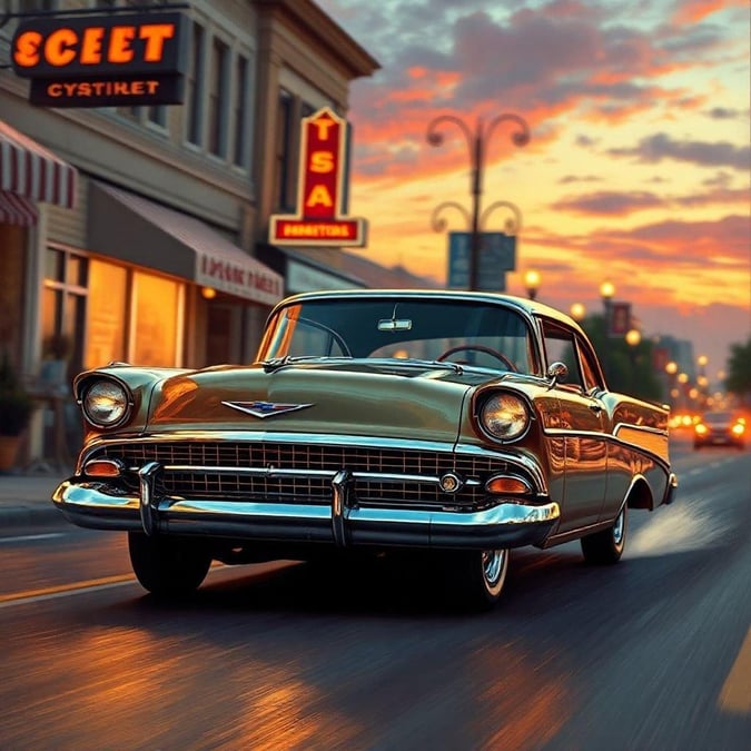 An iconic classic muscle car driving down the street at sunset, with neon signs in the background. The golden glow illuminates the car and adds to its nostalgic charm.