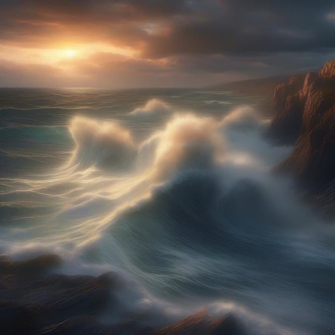 The ocean waves are churning, the sky is dark with a sunset or sunrise on the horizon. A dramatic weather scene.