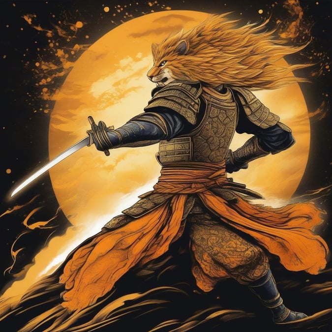 En dynamisk animeillustration som visar en krigare i en duell med en storm av stjärnljus. Samurai, prydd med livfull rustning i orange och gult, svingar ett svärd med fokuserad beslutsamhet mot den mörka bakgrunden.