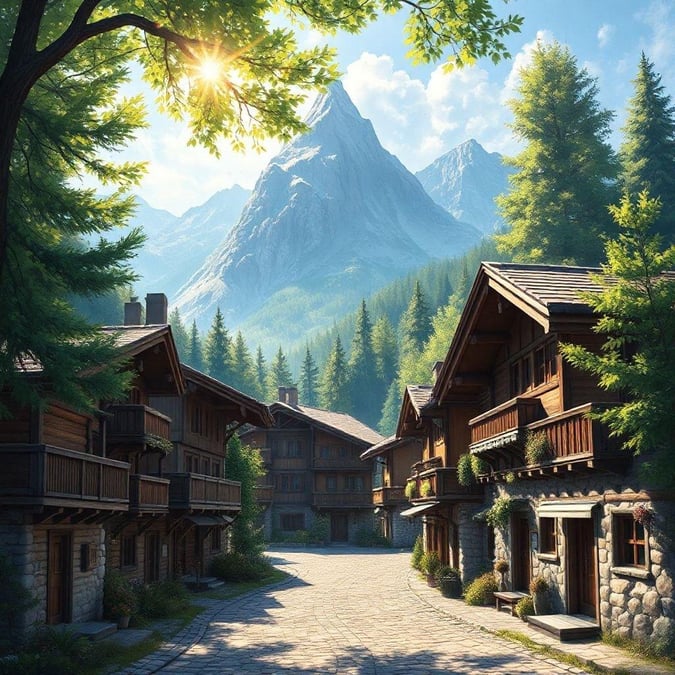 A serene and picturesque Alpine village nestled amidst majestic mountains.