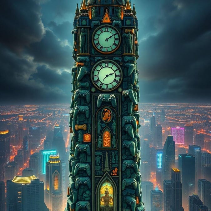 A digital artwork depicting a fantasy-inspired city skyline at night, with an ancient, mystical clock tower as the central focus. The scene is illuminated by neon lights and has a dramatic, moody atmosphere.