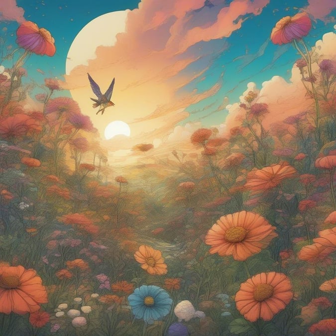 A mystical garden blooms at sunset, with a magical creature in flight, inviting the viewer to enter its vibrant world.