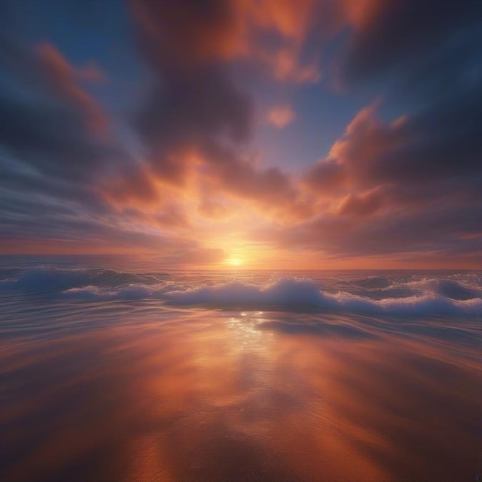 A serene beach scene with the sun setting over the horizon, creating a beautiful reflection in the sand.