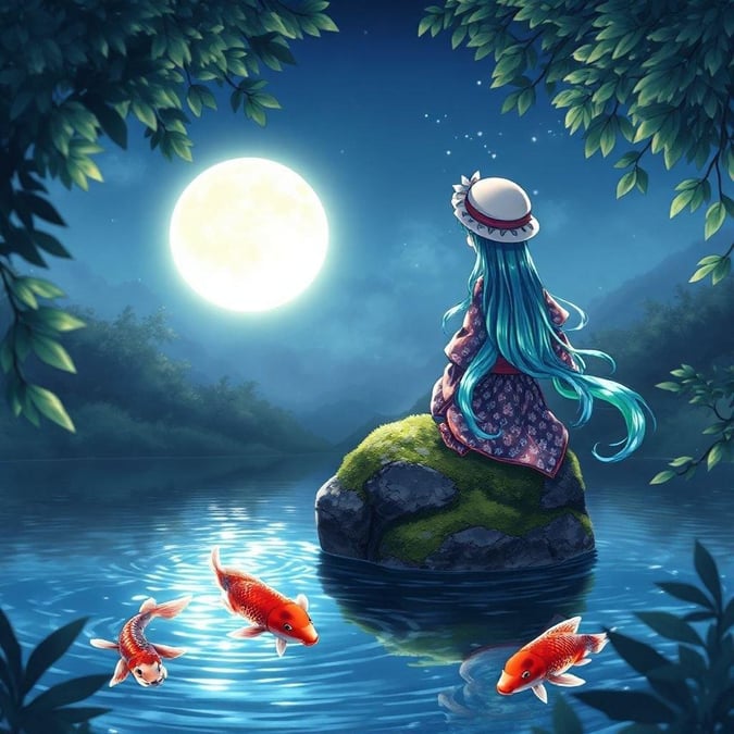 A serene anime-style scene featuring a young girl in a kimono and hat, sitting on a rock, gazing at a moonlit lake, with her vibrant blue and green hair flowing gracefully, and two koi fish swimming in the background, creating a peaceful and natural setting.