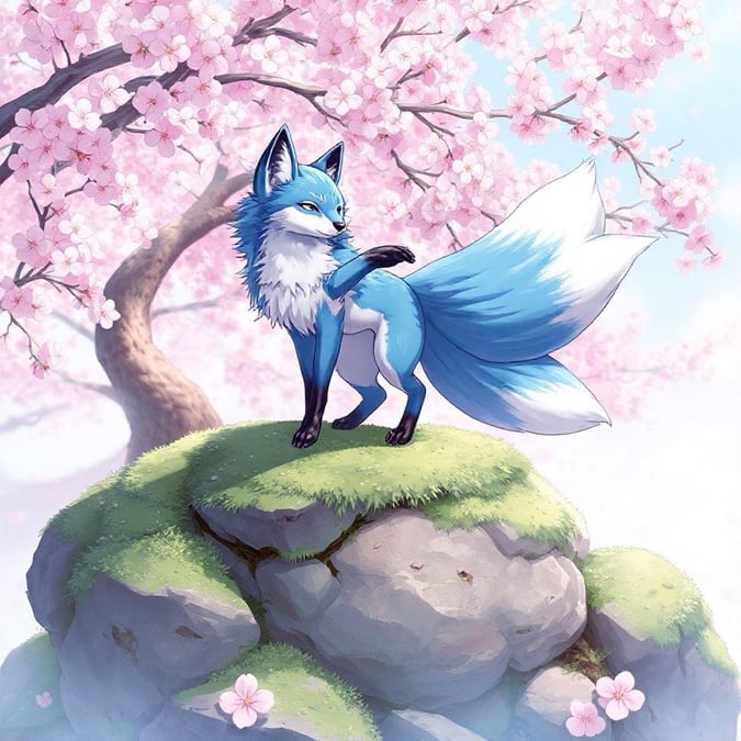 Immerse yourself in the captivating world of anime with this stunning wallpaper featuring a blue and white fox spirit dancing on a mossy rock amidst blooming cherry blossoms.