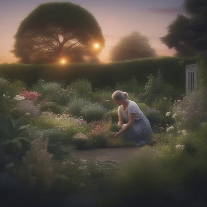 A woman tends to her garden as the sunset casts a warm glow over the colorful flowers.