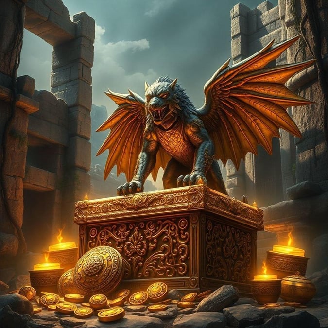 A fantasy creature stands guard over a treasure chest filled with gold coins and other valuable items.