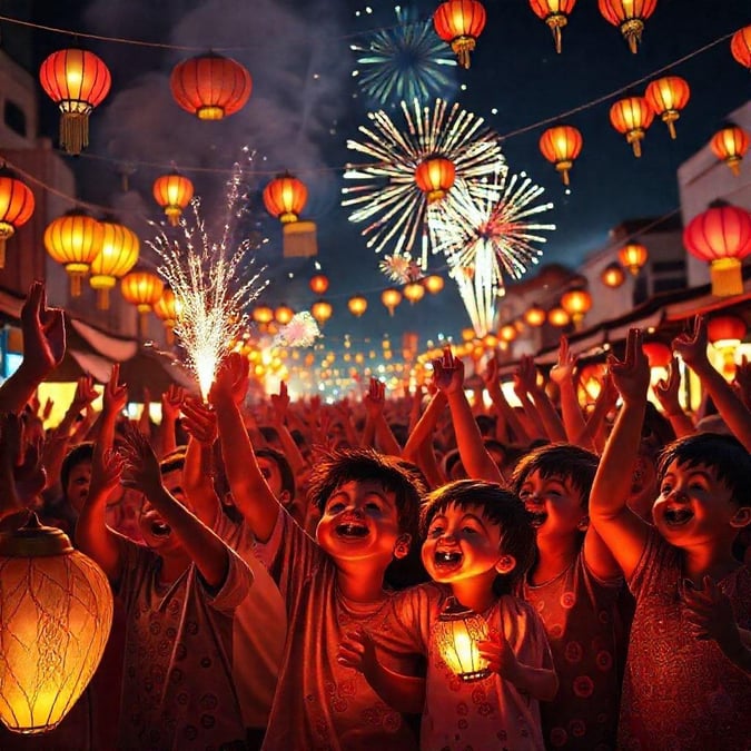 Crowd of people gathered to celebrate Ramadan with fireworks illuminating the night sky and traditional lanterns adding a festive touch.