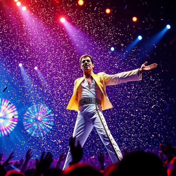 A person, possibly an iconic singer given the context, is captured in a dynamic pose with arms outstretched and legs spread, embodying energy and excitement. The stage appears to be filled with confetti or glitter, suggesting a celebratory or grand performance. The audience, although not clearly visible, can be inferred from the overall atmosphere of the image. This wallpaper would appeal to fans of pop culture and live music enthusiasts.