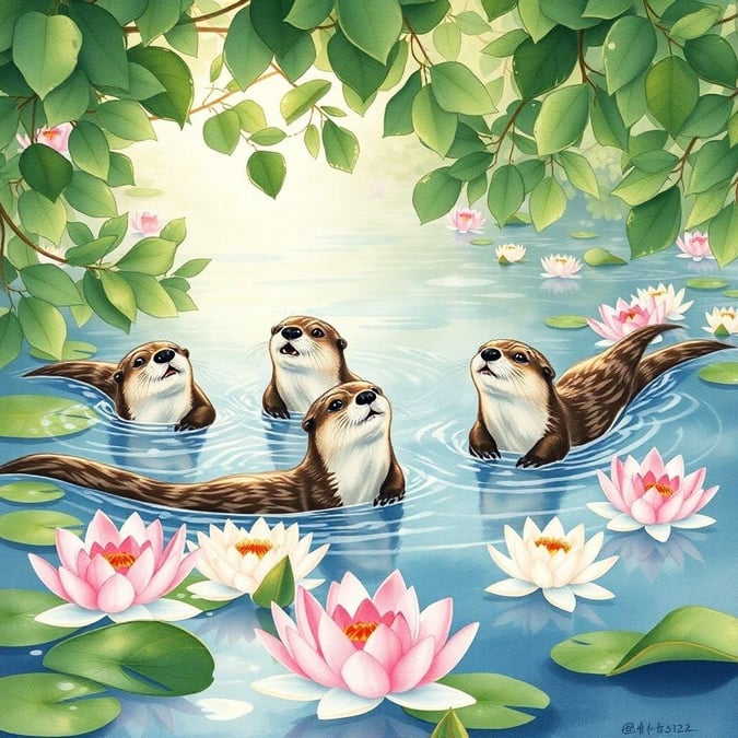 These sweet otters are swimming together, possibly playing or just enjoying the day out. They seem to be having a great time amidst the serene nature backdrop.