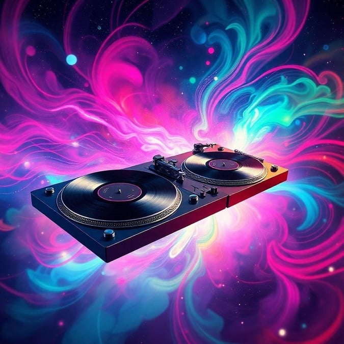 Explore the cosmos with your favorite DJ, while these vibrant turntables blast out beats to fill the universe.