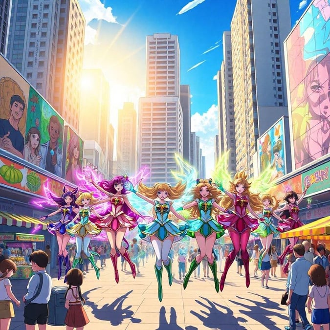 This vibrant wallpaper features a group of anime characters in a bustling city setting, showcasing their unique personalities and styles.