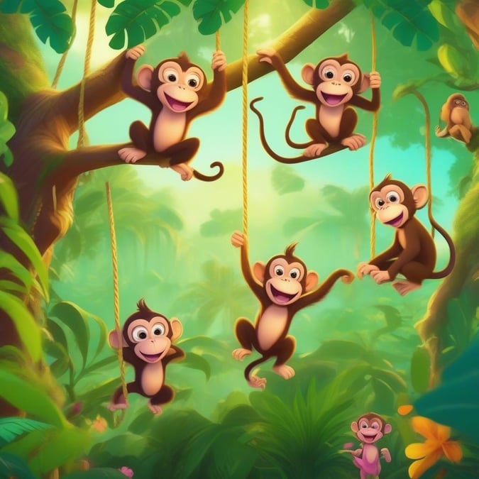 This vibrant wallpaper features a playful scene of monkeys swinging from trees in the jungle, perfect for adding a fun and lively touch to any room.