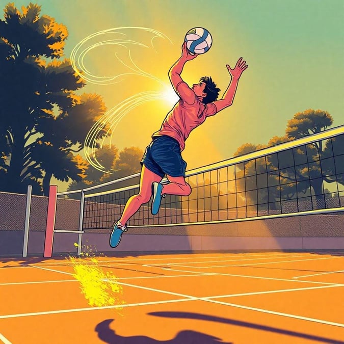 A young woman, dressed in sportswear, leaps into the air to serve a tennis ball. The scene captures the intensity and energy of the sport. In the background, a vibrant sunset adds warmth to the overall image.