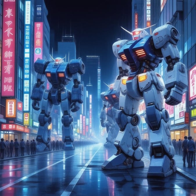 Prepárate para sumergirte en un vibrante mundo de anime con este impresionante fondo de pantalla de una calle futurista de Tokio. Robots gigantes recorren las calles, iluminadas por luces vibrantes en azul y verde, creando una atmósfera electrizante.