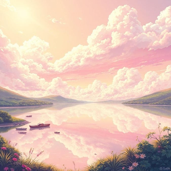 A serene anime-style landscape painting featuring a vibrant, pink and white sky with fluffy clouds reflecting on a calm body of water, creating a peaceful scene with a harmonious blend of nature and technology, bathed in warm light.