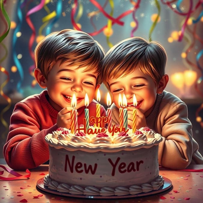 This image captures the joyous celebration of a new year with two children happily blowing out candles on their birthday cake. It's a snapshot of a precious moment that embodies the spirit of hope and renewal that the New Year brings. The warm glow of the candles illuminates their smiling faces, creating a picture-perfect memory for years to come.