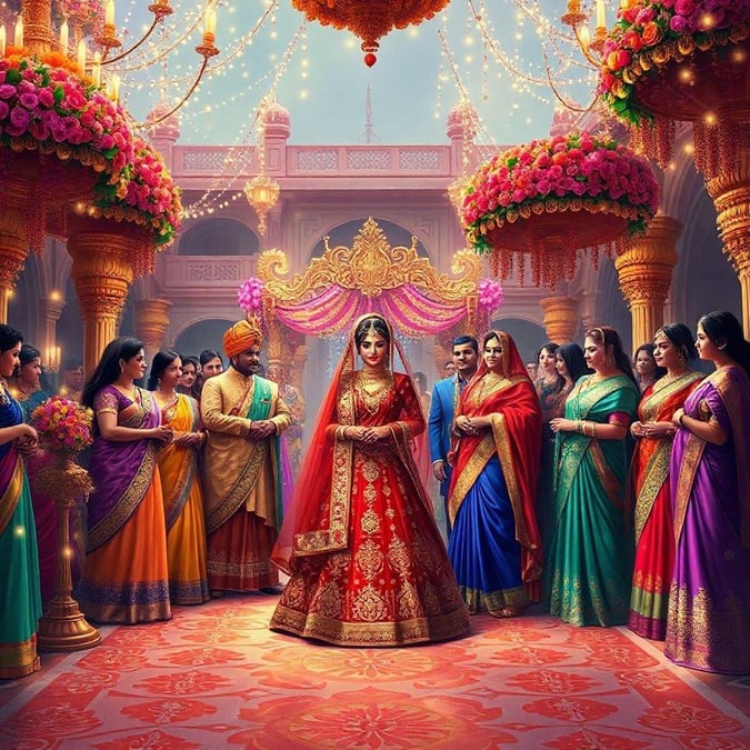 A bride in traditional attire, surrounded by family members in colorful dresses, celebrates at a majestic temple-like venue adorned with flowers.