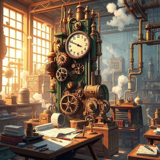 Bilim ve sihrin çarpıştığı karmaşık steampunk dünyasında kaybolun. Bu muhteşem duvar kağıdı, dişliler, makineler ve dev bir saat kulesi ile dolu detaylı bir laboratuvarı öne çıkarıyor.