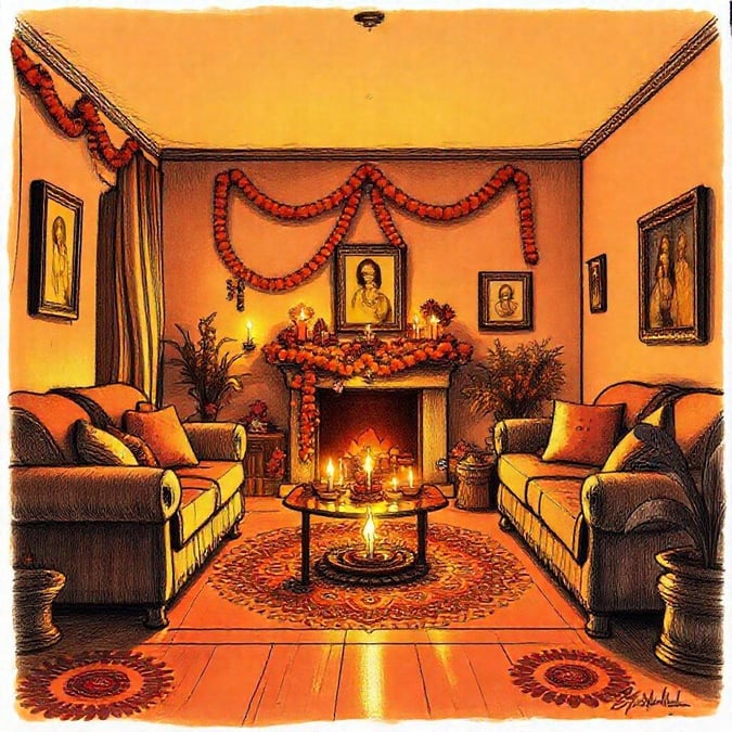 A warmly decorated living room, all lit up with candles and festive lights celebrating the joyous festival of Diwali.