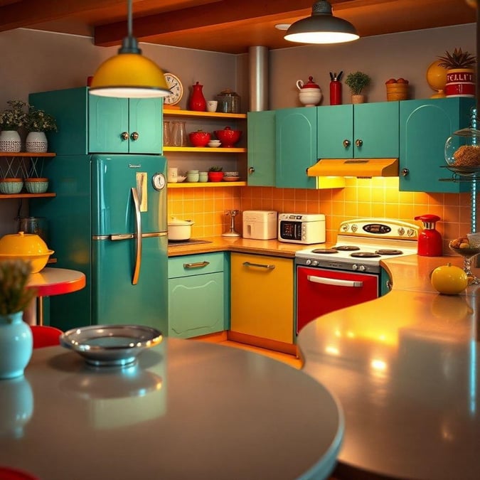 A charming vintage kitchen with a retro vibe, featuring blue cabinets, yellow ovens, and an inviting center island. The room is bathed in soft light from hanging lamps.