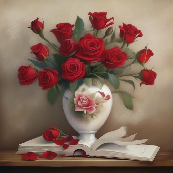 Celebrate the spirit of love with this charming bouquet of vibrant red roses, symbolizing passion and devotion. The elegant white vase contrasts beautifully against the soft brown background. A perfect desktop wallpaper for Valentine's Day.