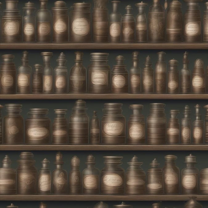 This wallpaper showcases a stunning vintage apothecary shelf, exuding a sense of nostalgia and elegance. The shelves are adorned with an assortment of antique glass bottles, each one unique and filled with mysterious contents. The overall design is a perfect blend of classic charm and modern sophistication, making it a great choice for those who appreciate vintage aesthetics.