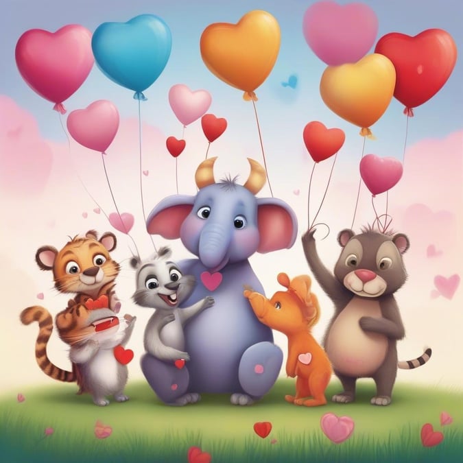 A group of adorable cartoon animals celebrating Valentine's Day, with hearts and balloons. Perfect for spreading love and joy this holiday season.