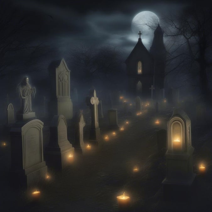 A haunting scene of an old church and graveyard, bathed in the eerie glow of candles at night.