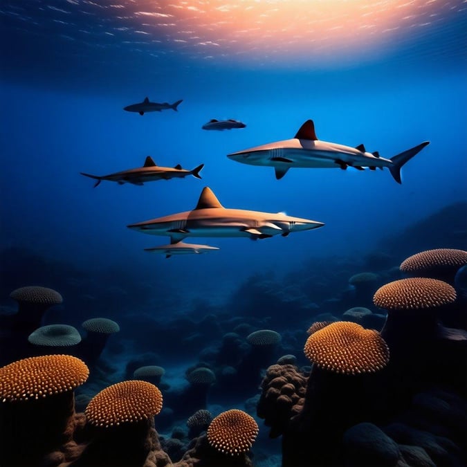 This stunning wallpaper features a group of sharks swimming in the ocean, surrounded by coral reefs and other marine life. The image is perfect for anyone who loves the ocean and its inhabitants.