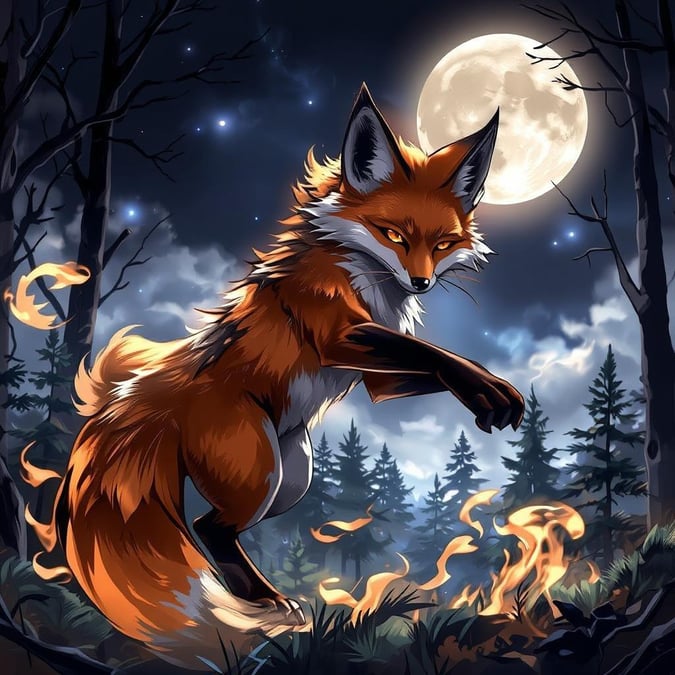 A mystical scene of a fox spirit dancing in the woods under the full moon. The orange fur stands out against the night sky, and the flames around its paws add to the enchanting atmosphere.