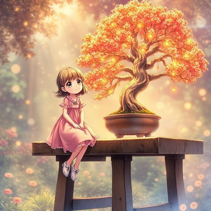 Dyk ned i den fortryllende verden af anime med dette fængslende tapet, der viser en ung pige og et majestætisk bonsai-træ. Den livlige pink kjole og de hvide sko tilføjer et farveklip, mens grenene på bonsai-træet, der er prydet med orange og gule lys, skaber en fascinerende fremvisning af lys og skygge. Dette omhyggeligt komponerede stykke er en harmonisk blanding af anime og anime-elementer med et strejf af fantasi og realisme.