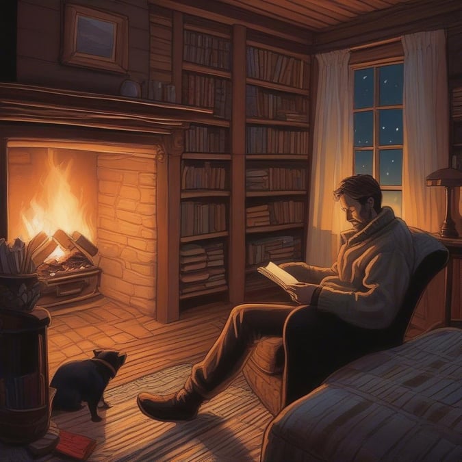 A cozy scene in the heart of winter, featuring a man enjoying some quiet time with his book by the warmth of a fireplace.