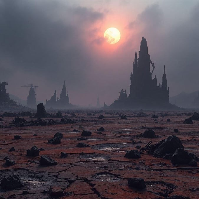 Explore the eerie, barren landscape of a distant planet, where the remnants of a long-lost civilization lie in ruins. A hauntingly beautiful wallpaper perfect for fans of sci-fi and futuristic worlds.