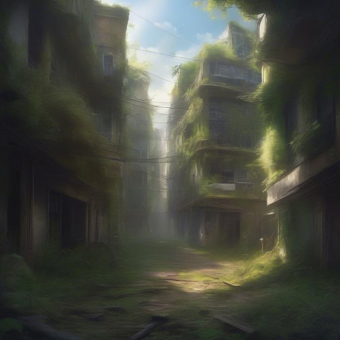 This image depicts an abandoned cityscape that is overgrown with vines and moss, giving it a sense of eeriness and decay. The once-thriving city is now a ghost town, with crumbling buildings and streets that are littered with debris. The vines and moss have taken over, covering the buildings and streets in a thick layer of greenery. The overall effect is one of neglect and abandonment, as if the city has been left to rot. The image is a haunting reminder of the transience of human civilization and the power of nature to reclaim even the most built-up environments.