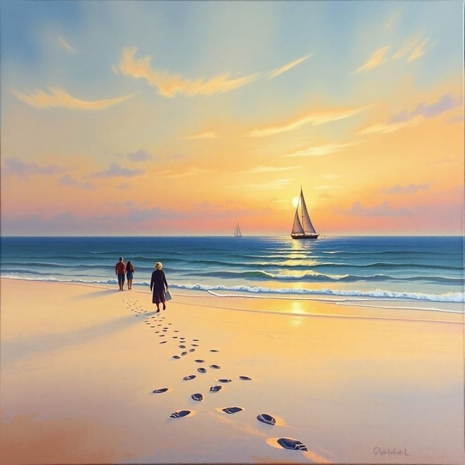 A breathtaking view of a beach at sunset, with a couple walking along the shore and a sailboat in the distance.