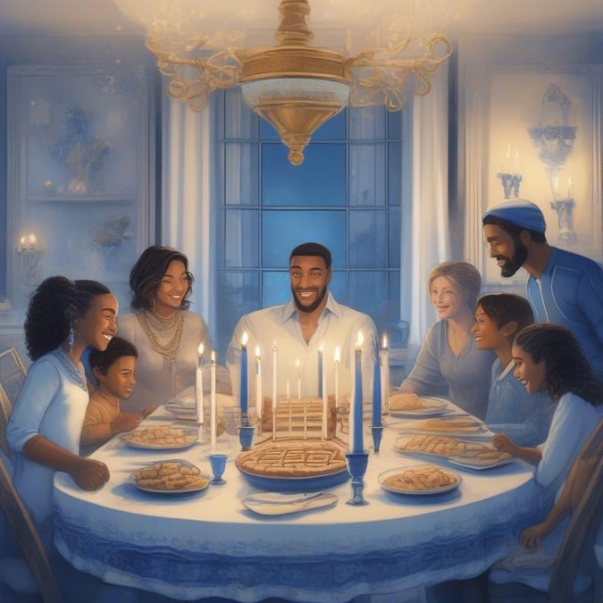 A warm family gathering during the Hanukkah holiday, enjoying each other's company over a delicious meal.