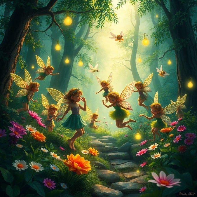 Immerse yourself in the enchanting world of fairies with this captivating wallpaper. The image depicts a group of fairies dancing in a lush garden, surrounded by vibrant flowers and glowing fireflies. The fairies' delicate wings and mischievous grins add to the whimsical charm of the scene, making it a delightful addition to any room.