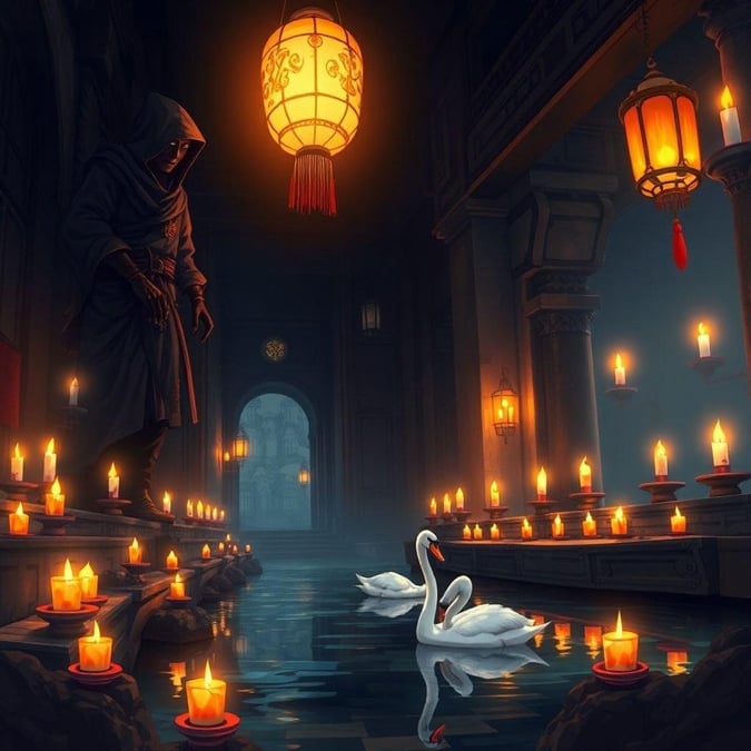 This anime wallpaper features a detailed illustration of a ninja sneaking through a temple, with a large ninja on the left and a small swan in the foreground. The temple is filled with many lit candles, creating an anime-like atmosphere. The scene is filled with a sense of motion, with the ninja's vibrant attire adding a whimsical touch to the scene.