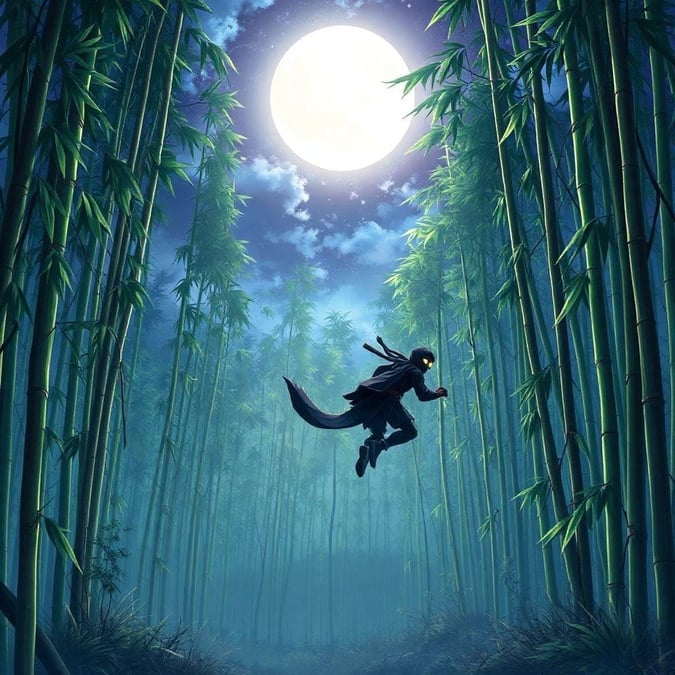 Un'illustrazione anime di un ninja in volo in mezzo a una foresta di bambù sotto la luce della luna, evocando un senso di tranquillità e avventura.