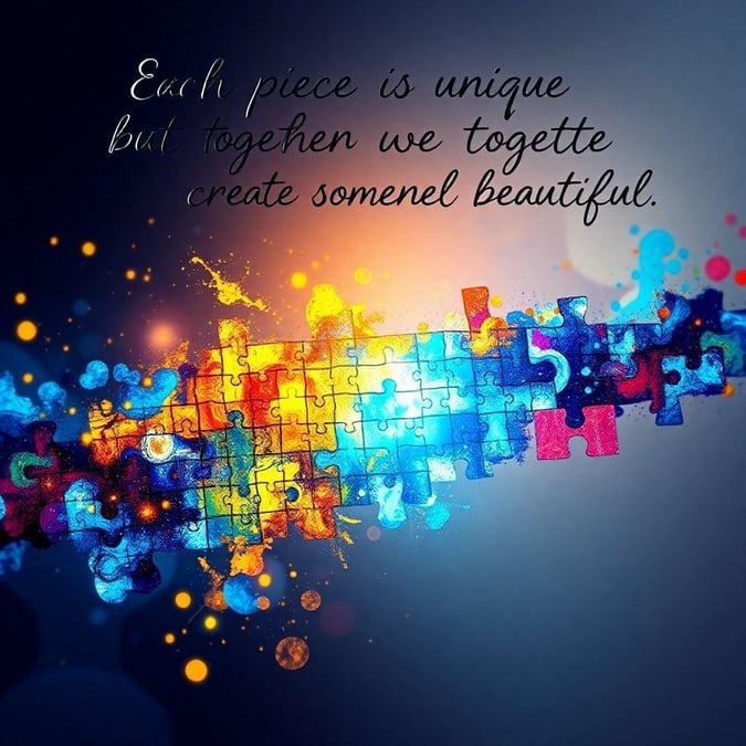 An artistic representation of the quote, 'Each piece is unique but together we create something beautiful'. The vibrant colors represent the diversity in our world coming together as one beautiful whole. A perfect desktop wallpaper.