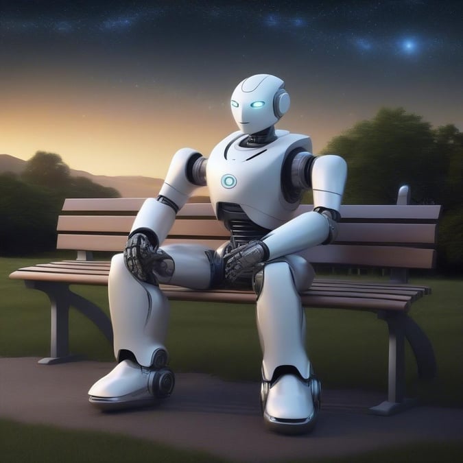 In the tranquil dusk, a robot assistant sits on a bench, patiently waiting for its next assignment.