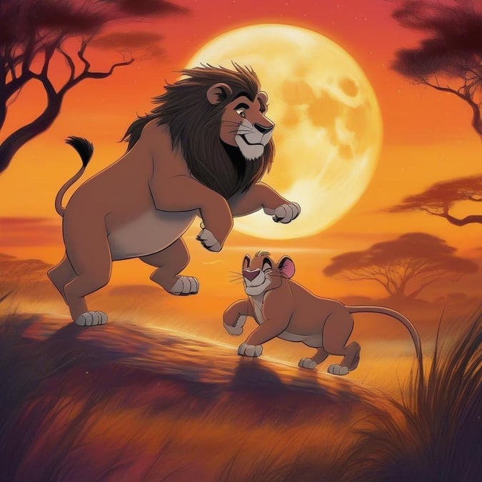 A beautiful illustration of two lions set against a stunning sunset and full moon.