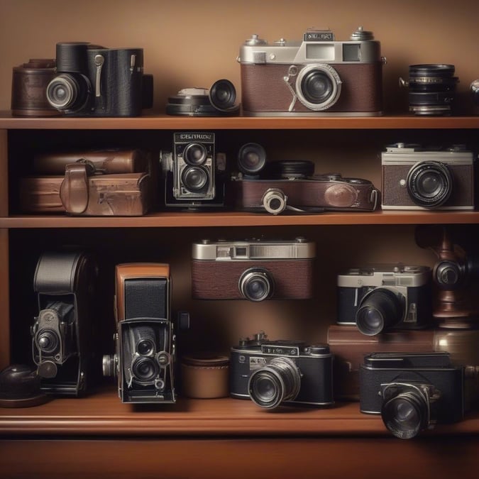 This wallpaper brings the nostalgia of classic photography with an assortment of vintage cameras on a wooden shelf. Each camera is carefully arranged, offering a different view of the timeless art of capturing memories.