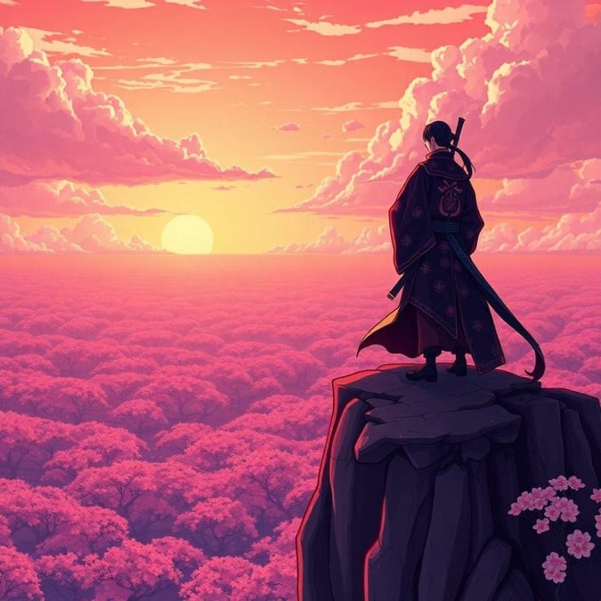 Este papel de parede inspirado em anime apresenta um samurai em pé em um penhasco, olhando para um mar de árvores de flores de cerejeira, contra um céu de pôr do sol deslumbrante com nuvens rosas e laranjas.