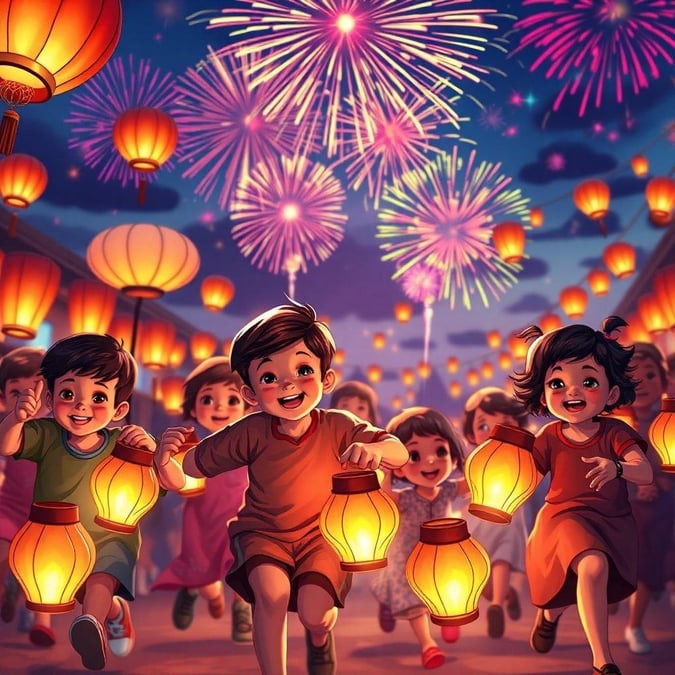 Children in colorful traditional attire running joyously on a street, each holding a lantern. The background is filled with fireworks and the iconic Chinese lanterns, celebrating the end of Ramadan.