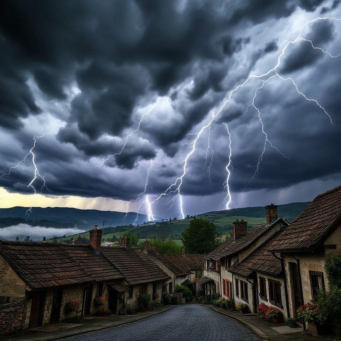 A dramatic storm lights up the sky above a quaint village, with houses nestled among the trees.