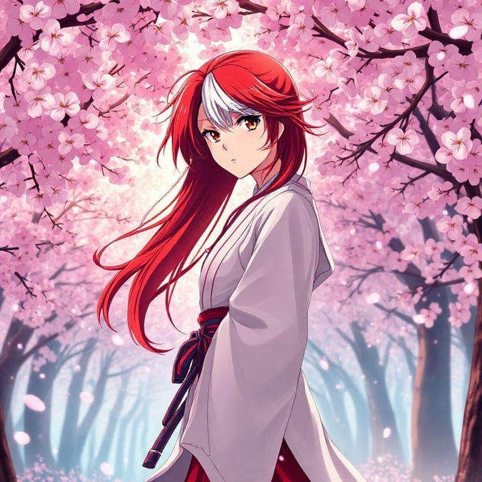 Immerse yourself in the serene beauty of this anime wallpaper featuring a young samurai amidst a stunning cherry blossom forest. The vibrant red and white hair of the samurai stands out against the backdrop of pink cherry blossoms, creating a captivating scene that transports you to a world of enchantment and tranquility.