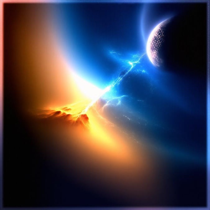 A stunning 3D artwork featuring a planet and its sun, set against a backdrop of deep blue and glowing stars.